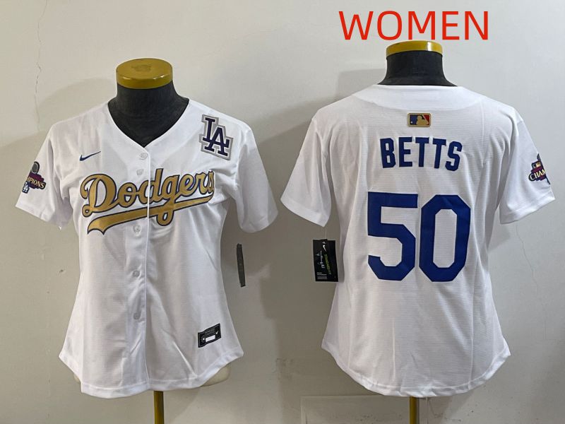 Women Los Angeles Dodgers #50 Betts White Champion edition Nike MLB Jersey style 005